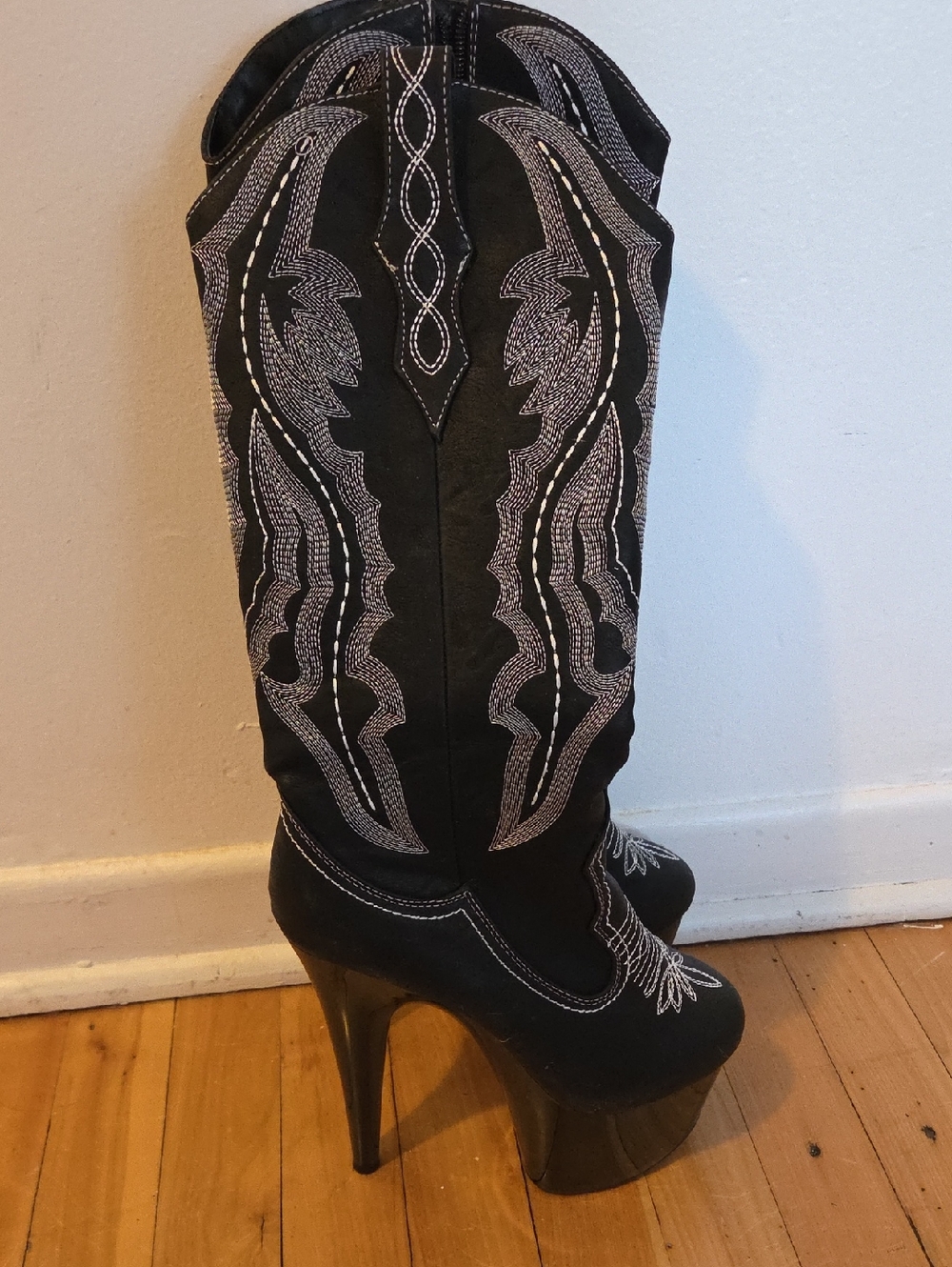 Ellie Black Western Embroidered Platform Knee-High Boots